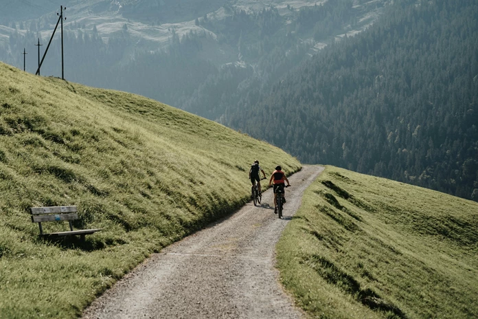 Due persone in bicicletta che percorrono dei tornanti 