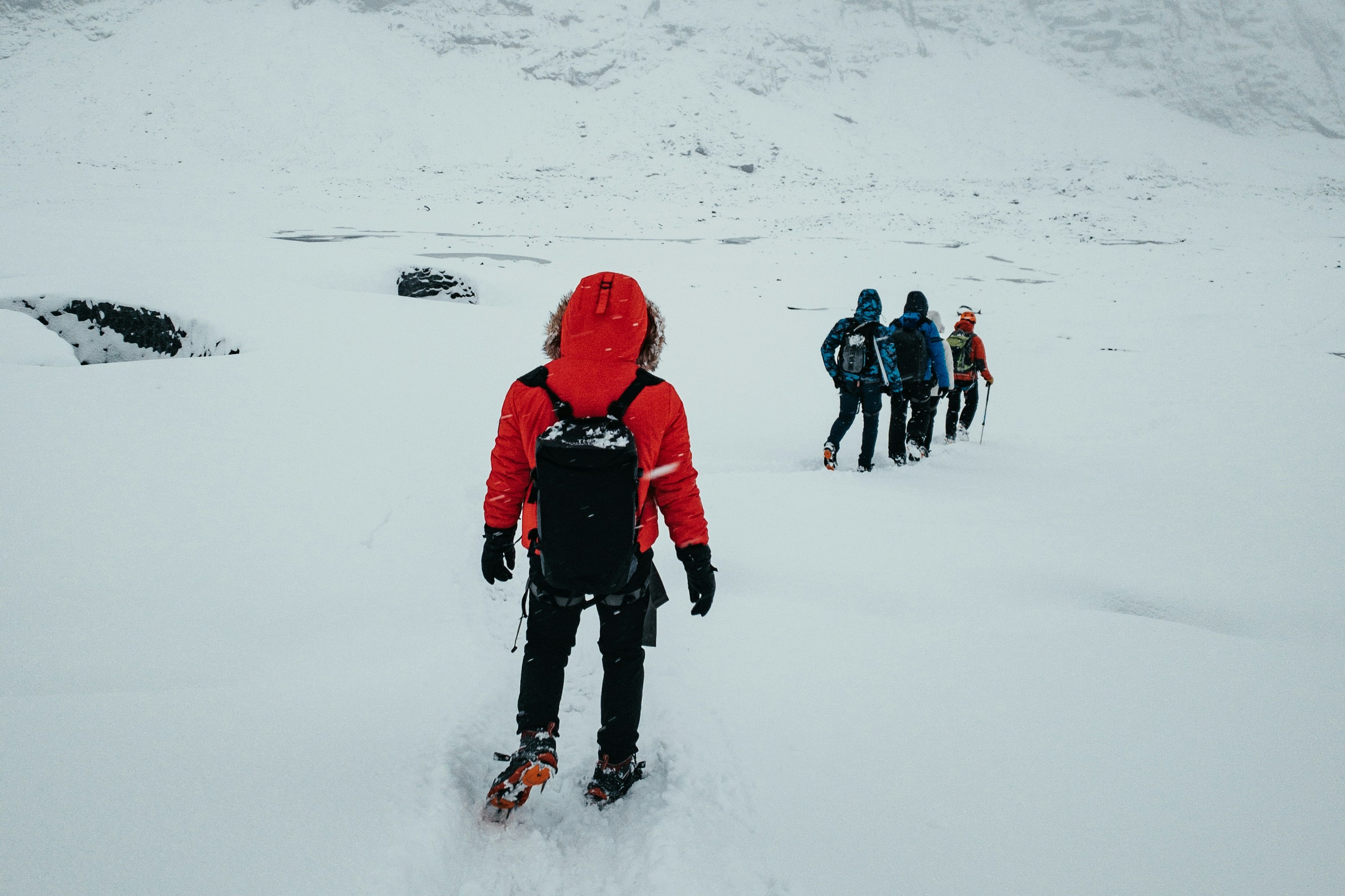 gruppo di ragazzi che fa Trekking in una valle innevata